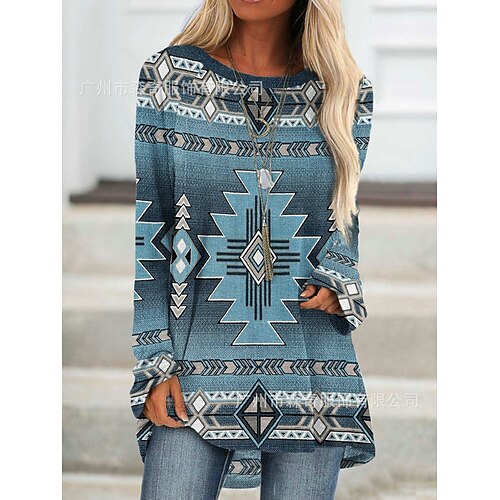 

Women's T shirt Tee Blue Geometric Print Long Sleeve Daily Weekend Basic Ethnic Round Neck Long Geometric Painting S