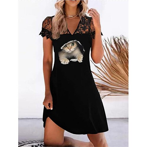 

Women's Casual Dress Lace Dress T Shirt Dress Tee Dress Mini Dress Black And White Black White Short Sleeve Animal Lace Summer Spring V Neck Fashion 2023 S M L XL XXL 3XL 4XL 5XL