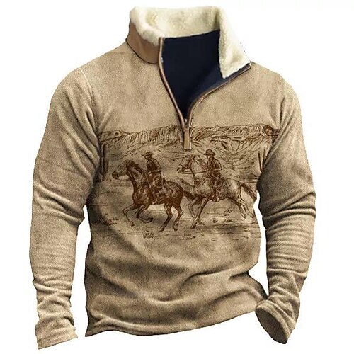 

Men's Zip Sweatshirt Pullover Brown Half Zip Graphic Horse Print Sports Outdoor Casual Daily 3D Print Fleece Streetwear Designer Thin fleece Fall Winter Clothing Apparel Hoodies Sweatshirts
