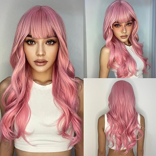 

24 tommer syntetiske parykker kvinders paryk pink langbølget krøllet hår med pandehår dagligt dejlig fest cosplay