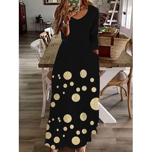 

Women's Casual Dress Long Dress Maxi Dress Black Long Sleeve Polka Dot Pocket Winter Fall Spring V Neck Fashion Daily 2023 XS S M L XL XXL 3XL 4XL 5XL 6XL