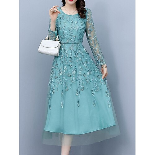 

Women's Party Dress Midi Dress Light Blue Long Sleeve Flower Mesh Winter Fall Spring Crew Neck Fashion Party Evening Party Wedding Guest 2023 M L XL XXL 3XL 4XL