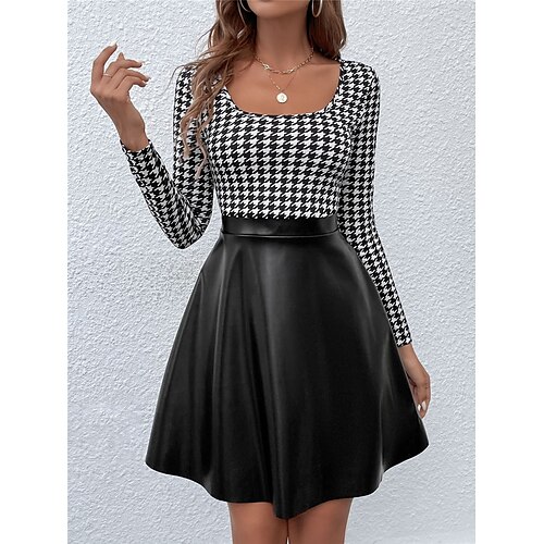 

Damen Arbeitskleidung Lederkleid Minikleid Schwarz Langarm Hahnentrittmuster Patchwork Winter Herbst Frühling U-Ausschnitt Modisch Schlank 2023 S M L XL