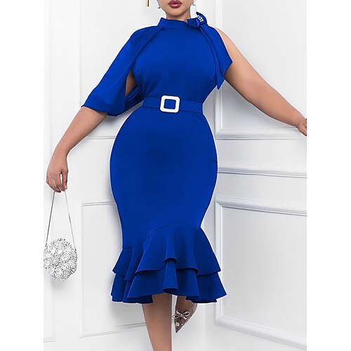 

Damen Arbeitskleidung Bodycon Etuikleid Midikleid Schwarz Weiß Blau Halbe Ärmel Einfarbig Rüsche Sommer Frühling Ständer Modisch B¨¹ro Schlank 2023 S M L XL XXL