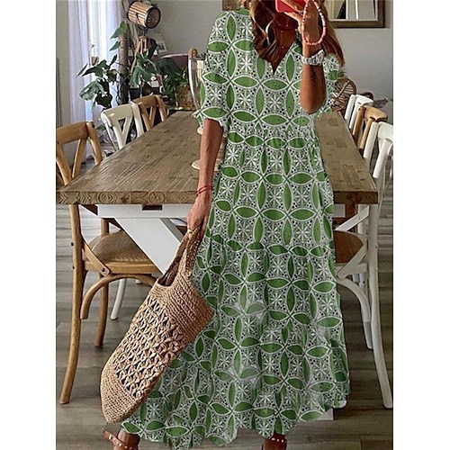 

Robe mi-longue Femme Robe casual Demi Manches Eté Printemps - Mode Imprimer Géométrique Fleur Col V Ample 2023 Vert S M L XL XXL