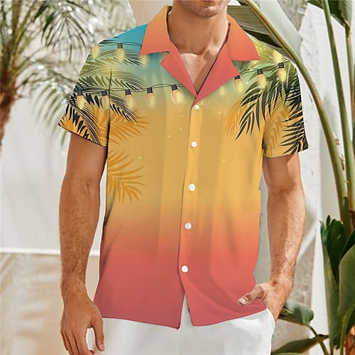 

Men's Shirt Summer Hawaiian Shirt Gradient Graphic Prints Leaves Turndown Yellow Blue 3D Print Casual Holiday Short Sleeve Button-Down Print Clothing Apparel Tropical Fashion Hawaiian Soft