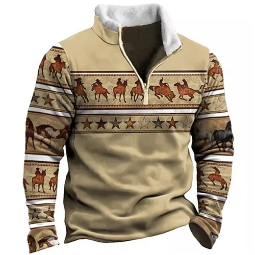 

Men's Zip Up Sweatshirt Pullover Brown Khaki Half Zip Animal Bohemian Style Graphic Prints Zipper Print Daily Sports Going out 3D Print Basic Casual Thin fleece Winter Clothing Apparel Hoodies