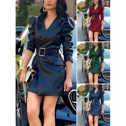 

Mini robe Femme Robe de travail manche longue Hiver Automne Printemps - Mode Moderne Poche Avec ceinture Couleur monochrome Col V Bureau Mince 2023 Noir Vin Bleu Vert S M L XL