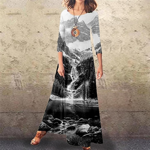 

Women's Casual Dress Swing Dress Long Dress Maxi Dress Black Long Sleeve Scenery Pocket Winter Fall Spring Crew Neck Fashion Daily Weekend 2023 S M L XL XXL 3XL