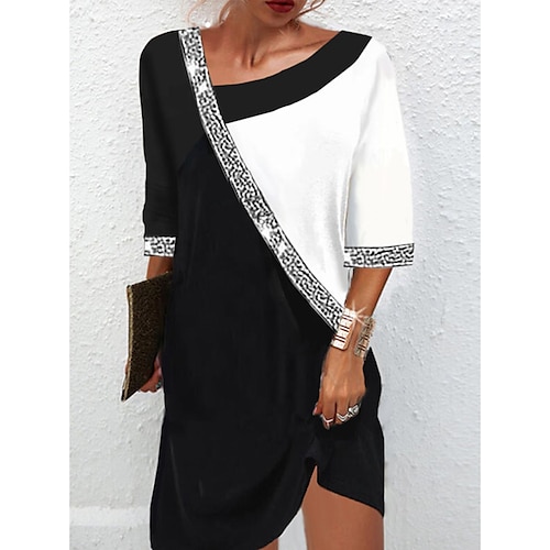 

Women's Casual Dress Shift Dress Mini Dress Black Half Sleeve Color Block Patchwork Fall Spring Autumn V Neck Fashion Daily Weekend 2023 S M L XL 2XL 3XL