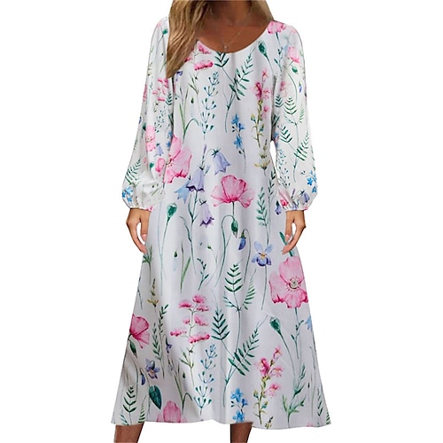

Women's Casual Dress T Shirt Dress Tee Dress Midi Dress White Orange Long Sleeve Flower Print Winter Fall Spring Crew Neck Fashion Daily Vacation Loose Fit 2023 S M L XL XXL 3XL