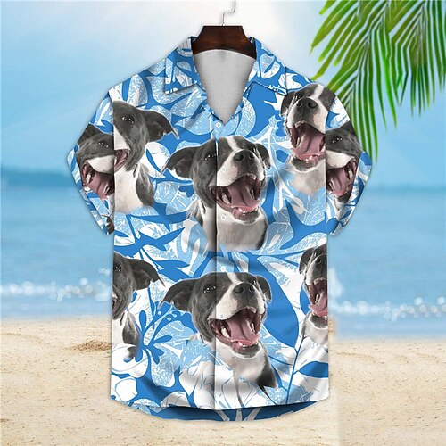 

Men's Shirt Summer Hawaiian Shirt Dog Graphic Prints Leaves Turndown Blue Street Casual Short Sleeves Button-Down Print Clothing Apparel Tropical Fashion Hawaiian Designer