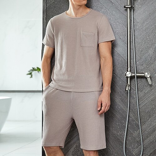 

Herre Loungewear Pyjamas Sæt Pyjamas top og shorts 1set Vanlig Stilfuld Afslappet Komfort Hjem Daglig Seng Polyester Komfort Blød Rund hals Kortærmet T-shirt Shorts Forår Sommer Beige Grå