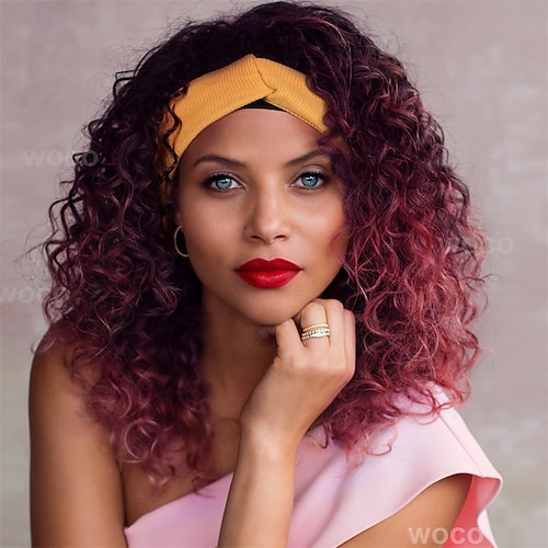

parrucca della fascia capelli ricci crespi parrucca rossa ombre 14 pollici glueless nessuna parrucche anteriori in pizzo bomba afro parrucche onda profonda bordeaux resistente al calore sintetico