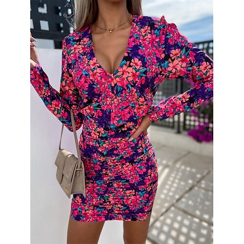 

Women's Casual Dress Bodycon Sheath Dress Mini Dress Red Purple Orange Long Sleeve Graphic Print Winter Fall Spring V Neck Fashion Daily Fall Dress Spring Dress 2022 S M L XL 2XL 3XL