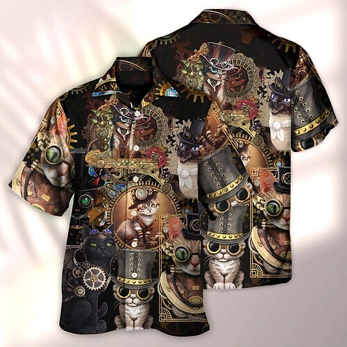 

Men's Shirt Summer Hawaiian Shirt Cat Graphic Prints Machine Turndown Gold Casual Holiday Short Sleeve Button-Down Print Clothing Apparel Tropical Fashion Hawaiian Soft