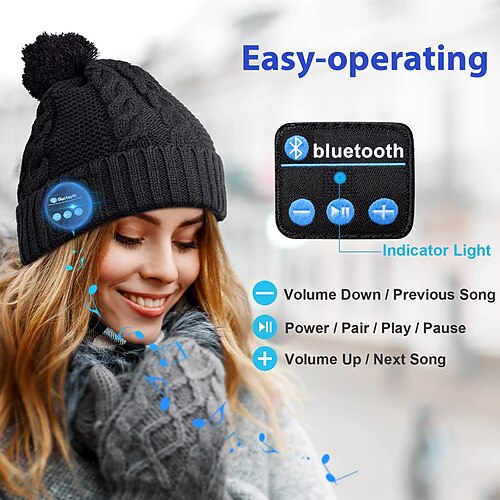 

Bluetooth Beanie V5.0 Bluetooth Hat, Wireless Earphone Beanie Headphones, Pompon Beanie with HD Stereo Speakers Built-in Microphone, Christmas Electronic Gifts for Women Girls Outdoor Sports Running