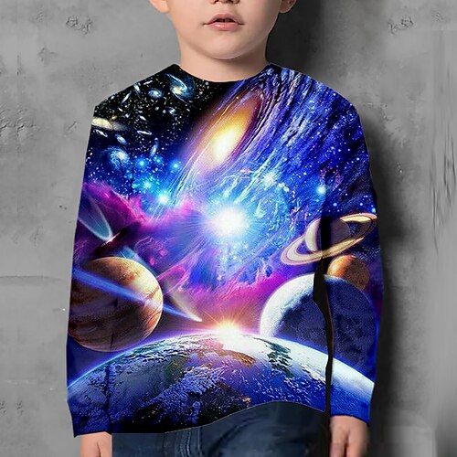 

Barn Gutt T skjorte T-skjorte Galakse Langermet Crewneck Barn Topp Avslappet 3D-utskrift Kul Daglig Vinter Høst Lilla 7-13 år