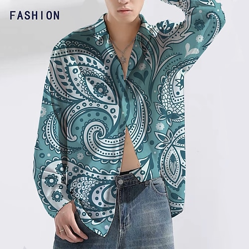 

Men's Shirt Floral Graphic Prints Turndown Blue Fuchsia Green Gray Outdoor Street Long Sleeve Button-Down Print Clothing Apparel Fashion Designer Casual Soft