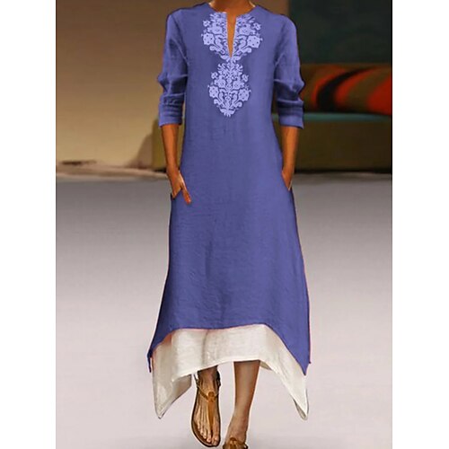 

Women's Linen Dress Long Dress Maxi Dress Pink Royal Blue Light Blue Long Sleeve Floral Patchwork Winter Fall Spring V Neck Basic Vacation Weekend 2022 S M L XL XXL 3XL