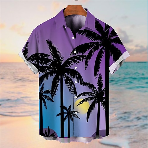 

Men's Shirt Coconut Tree Scenery Graphic Prints Turndown Blue Purple 3D Print Street Daily Short Sleeves Button-Down Print Clothing Apparel Tropical Fashion Designer Hawaiian