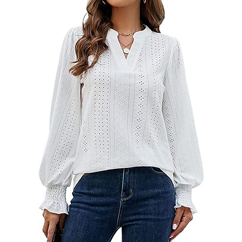

Women's Shirt Blouse Black White Pink Plain Cut Out Long Sleeve Casual Basic V Neck Regular S