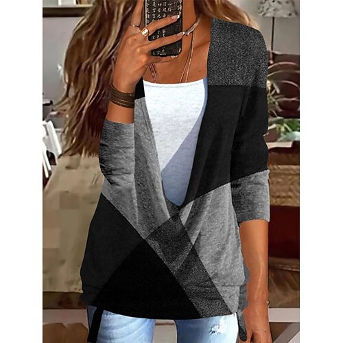 

Women's T shirt Tee Grey Geometric Print Long Sleeve Daily Going out Basic V Neck Regular Cotton S
