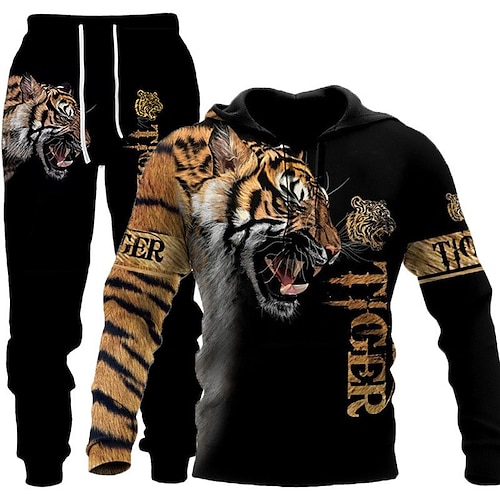 

Homme Ensemble Survetement Ensemble de sweats à capuche Marron Capuche Graphic Animal tigre 2 Pièces Imprimer Sport Loisir Casual Des sports 3D effet basique Vêtement de rue Design Automne Printemps