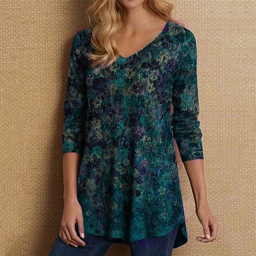 

Damen Bluse Blau Purpur Grün Blumen Bedruckt Langarm Casual Festtage Basic Vintage V Ausschnitt Standard Baumwolle Blume S