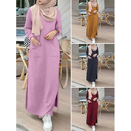 

Women's Casual Dress Kaftan Dress Long Dress Maxi Dress Black Pink Wine Long Sleeve Pure Color Pocket Winter Fall Spring Crew Neck Muslim Daily Vacation Weekend Loose Fit 2023 S M L XL XXL 3XL