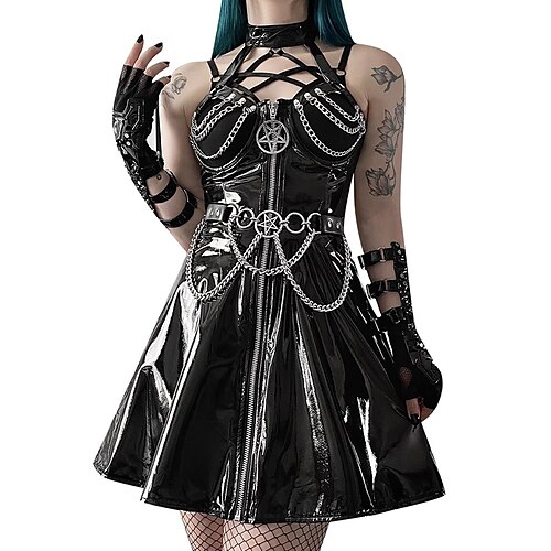 

Goth Pige Retro / vintage Punk & Gotisk Skinnende latex patent Halter Mini kjole Lynlås op Dame Kostume Årgang Cosplay Fest / aften Kjole Maskerade