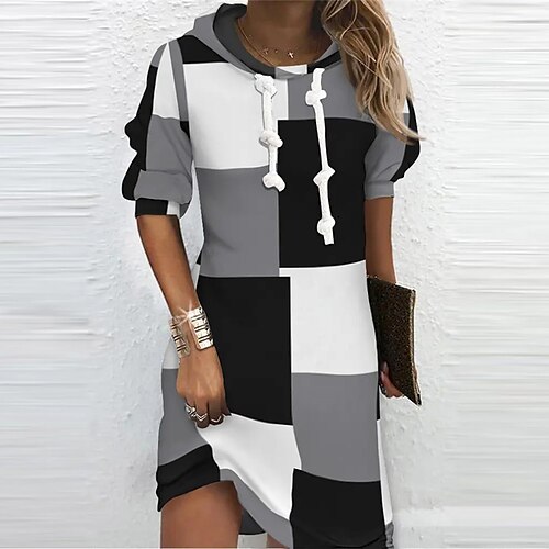 

Women's Casual Dress Hoodie Dress Shift Dress Mini Dress Black Grey Long Sleeve Geometric Print Winter Fall Spring Hooded Fashion Daily 2022 S M L XL XXL 3XL