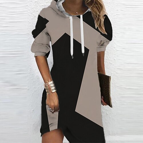 

Women's Casual Dress Hoodie Dress Shift Dress Mini Dress Khaki Long Sleeve Geometric Print Winter Fall Spring Hooded Fashion Daily Date 2022 S M L XL XXL 3XL
