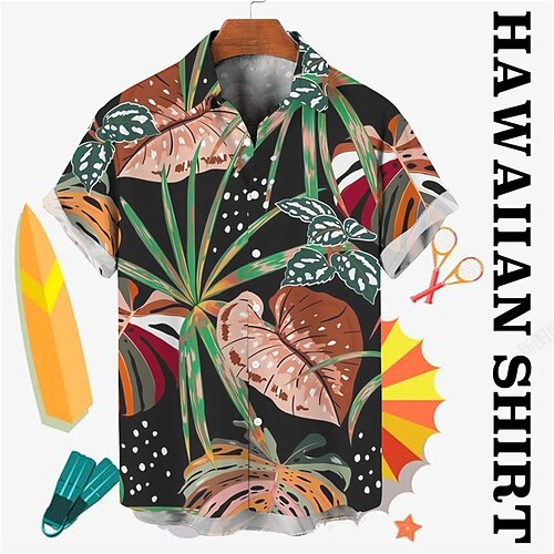 

Men's Shirt Graphic Prints Leaves Turndown Black Beige Street Casual Short Sleeves Button-Down Print Clothing Apparel Tropical Fashion Designer Hawaiian