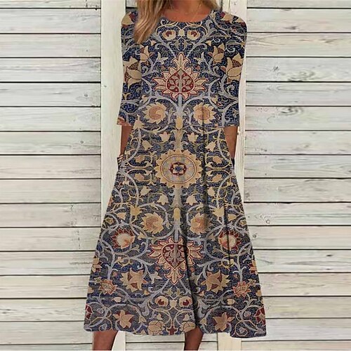 

Women's Casual Dress Shift Dress Swing Dress Midi Dress Blue 3/4 Length Sleeve Floral Ruched Winter Fall Spring Crew Neck Fashion Daily 2022 S M L XL XXL 3XL