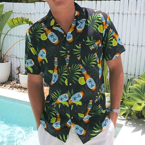 

Men's Shirt Summer Hawaiian Shirt Graphic Prints Beer Leaves Turndown Black Casual Holiday Short Sleeve Button-Down Print Clothing Apparel Tropical Fashion Hawaiian Soft