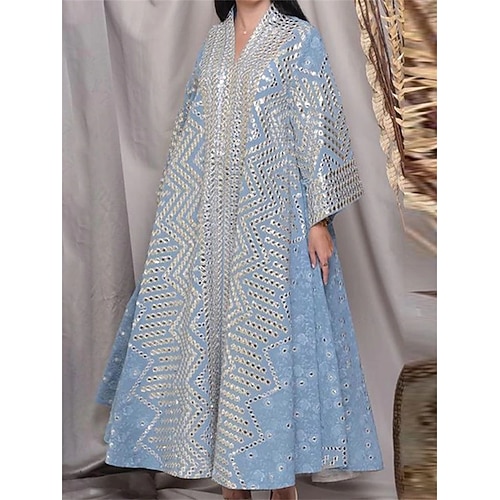 

Women's Casual Dress Swing Dress Kaftan Dress Long Dress Maxi Dress Blue Long Sleeve Graphic Hollow Out Winter Fall Autumn V Neck Fashion Daily Vacation Fall Dress 2022 S M L XL 2XL 3XL