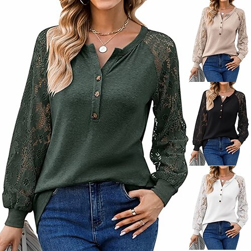 

Women's Shirt Blouse ArmyGreen Black White Plain Lace Button Long Sleeve Casual Basic V Neck Regular S