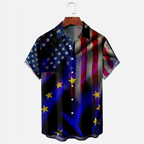 

Men's Shirt Graphic Prints National Flag Turndown Blue Outdoor Street Short Sleeves Button-Down Print Clothing Apparel Tropical Fashion Designer Hawaiian