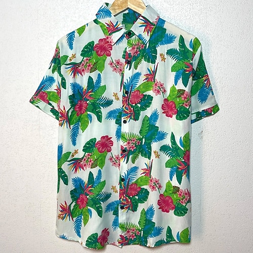 

Men's Shirt Floral Turndown Green 3D Print Street Holiday Short Sleeves Button-Down Print Clothing Apparel Tropical Sports Fashion Hawaiian