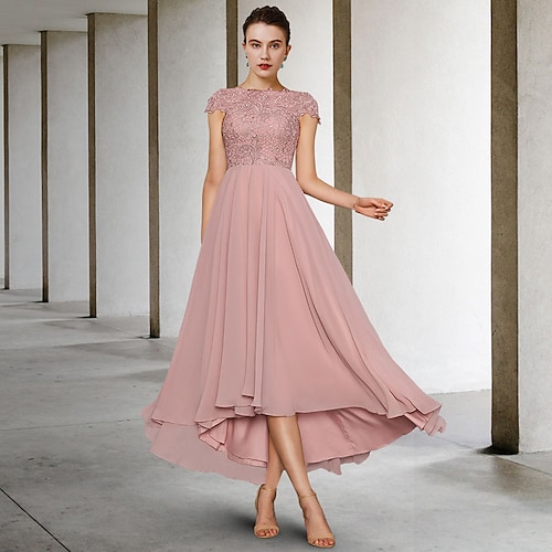 

A-linje Kjole til brudens mor Elegant Asymmetrisk lengde Besmykket Asymmetrisk Te-lengde Chiffon Blonder Stropper med Appliqué Ruchiing 2023