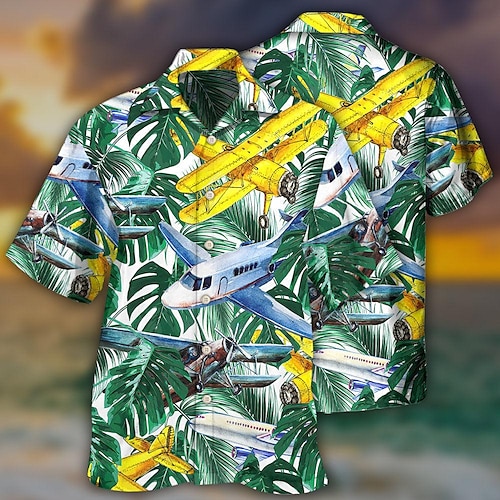 

Men's Shirt Summer Hawaiian Shirt Tropical Graphic Prints Airplane Leaves Turndown Green Casual Holiday Short Sleeve Button-Down Print Clothing Apparel Tropical Fashion Hawaiian Soft