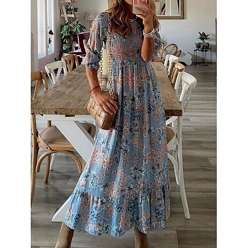 

damen freizeitkleid swingkleid blumenkleid langes kleid maxikleid blau langarm grafik gerafft winter herbst frühling rundhalsausschnitt romantisch urlaub 2023 s m l xl 2xl