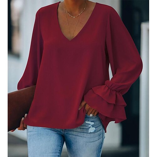 

Women's Shirt Blouse Light Pink Sapphire Wine Red Plain Long Sleeve Casual Basic V Neck Regular S