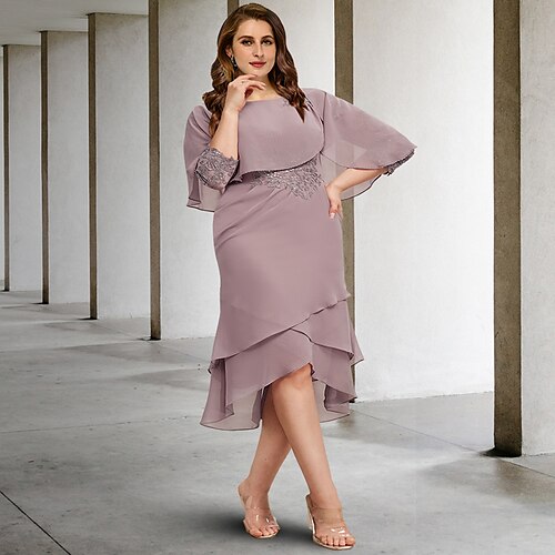 

A-linje Plus Size Curve Mother of the Bride-kjoler Elegant Kjole Formell Asymmetrisk 3/4 ermer Besmykket Chiffon med Paljett Drapert Appliqué 2023