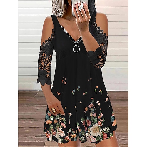 

Women's Casual Dress Shift Dress Mini Dress Black Pink Blue 3/4 Length Sleeve Flower Lace Winter Fall Spring V Neck Fashion Daily Loose Fit 2023 S M L XL XXL