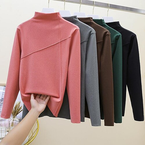 

Women's T shirt Tee Lake blue Watermelon Red Black Plain Long Sleeve Daily Weekend Basic High Neck Regular One size [80-130 catties]