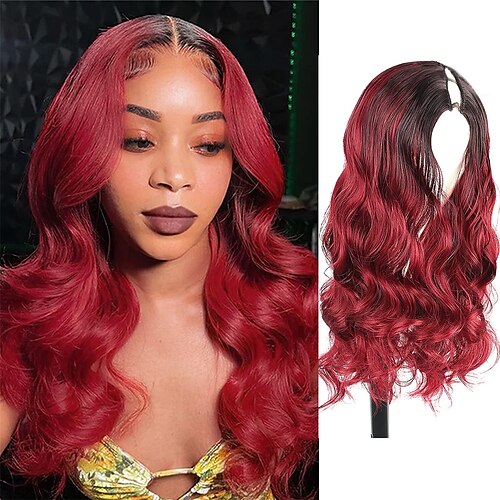 

ombre burgundy v del paryk body wave limfri paryk syntetiske parykker til sorte kvinder 24 tommer opgradering u del paryk uden udeladelse v del paryk klip i halve parykker tynd del paryk ingen sy i