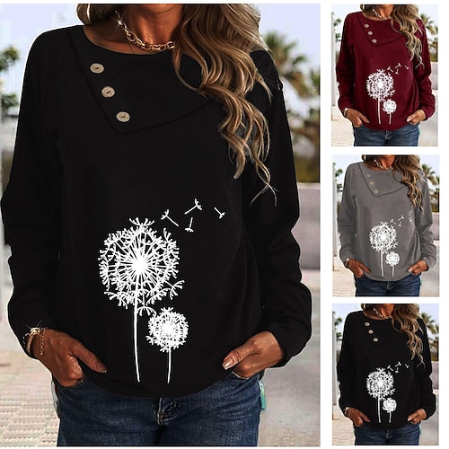 

Women's T shirt Tee claret Black Grey Dandelion Button Print Long Sleeve Holiday Weekend Basic Round Neck Regular Floral Painting S