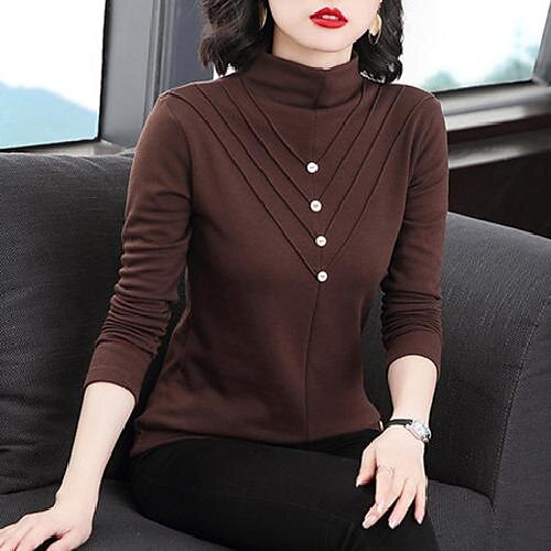 

Women's T shirt Tee Black Dark Green Coffee Plain Button Long Sleeve Daily Weekend Basic High Neck Regular M
